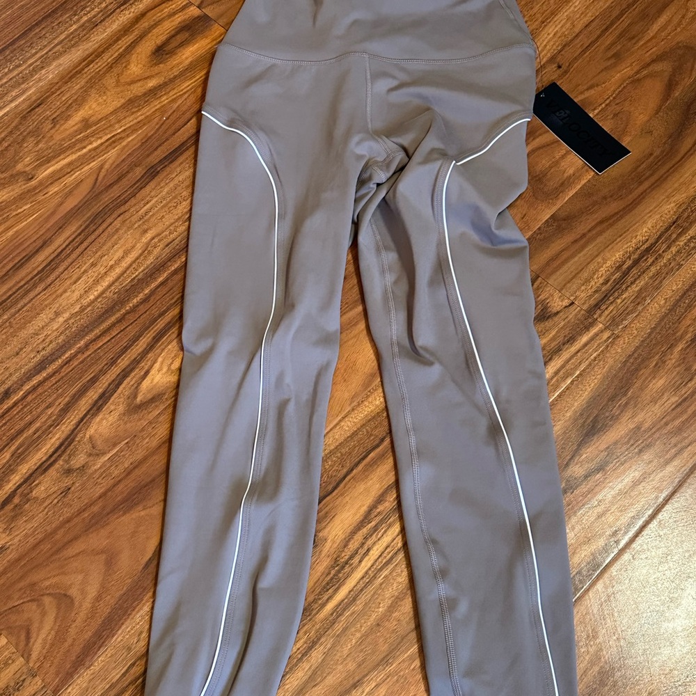 Velocity Gray-Taupe High-Waist Leggings with White Piping